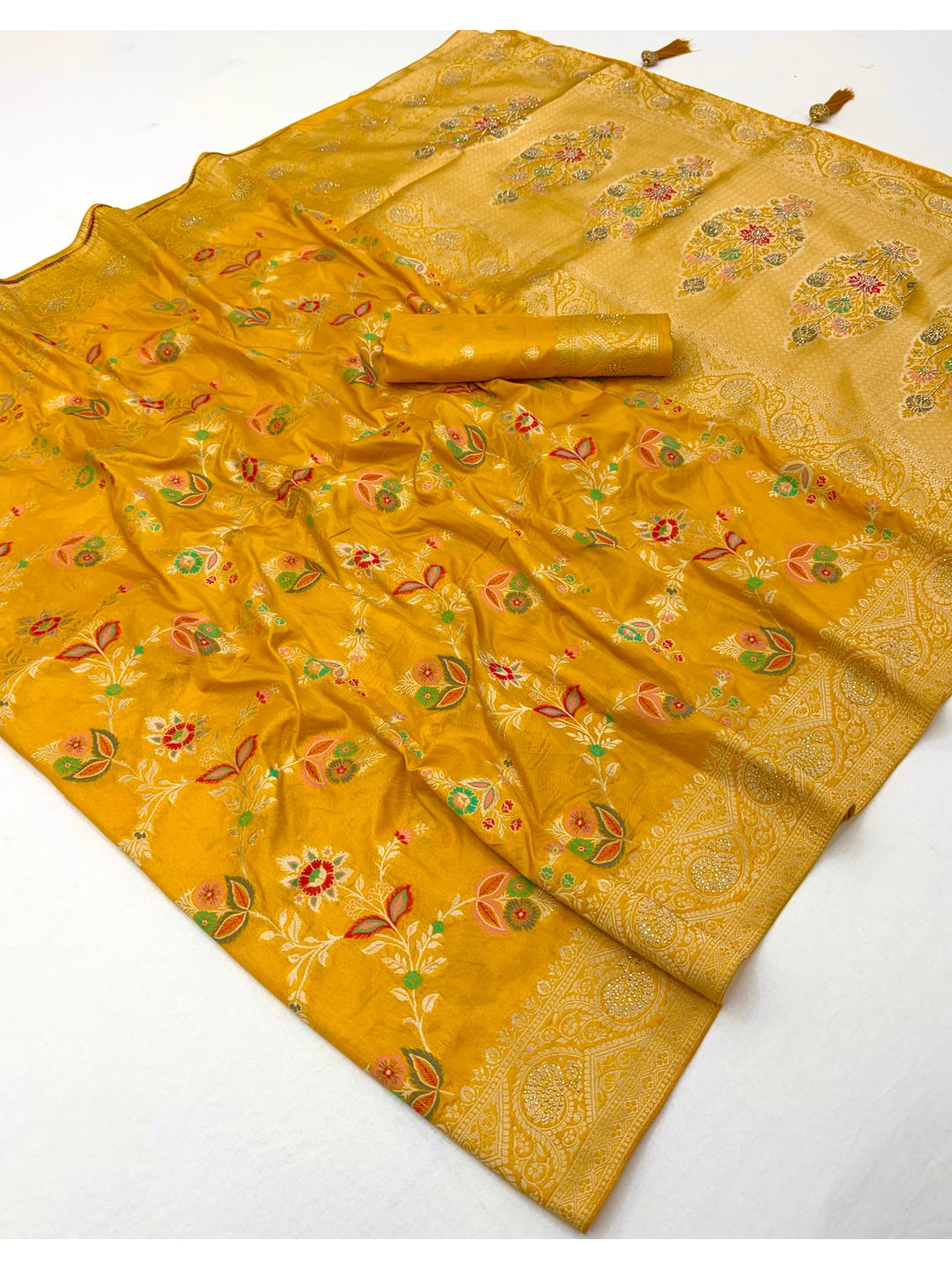 Peachmode Yellow Soft Dola Silk Zari Work Saree - Image 3