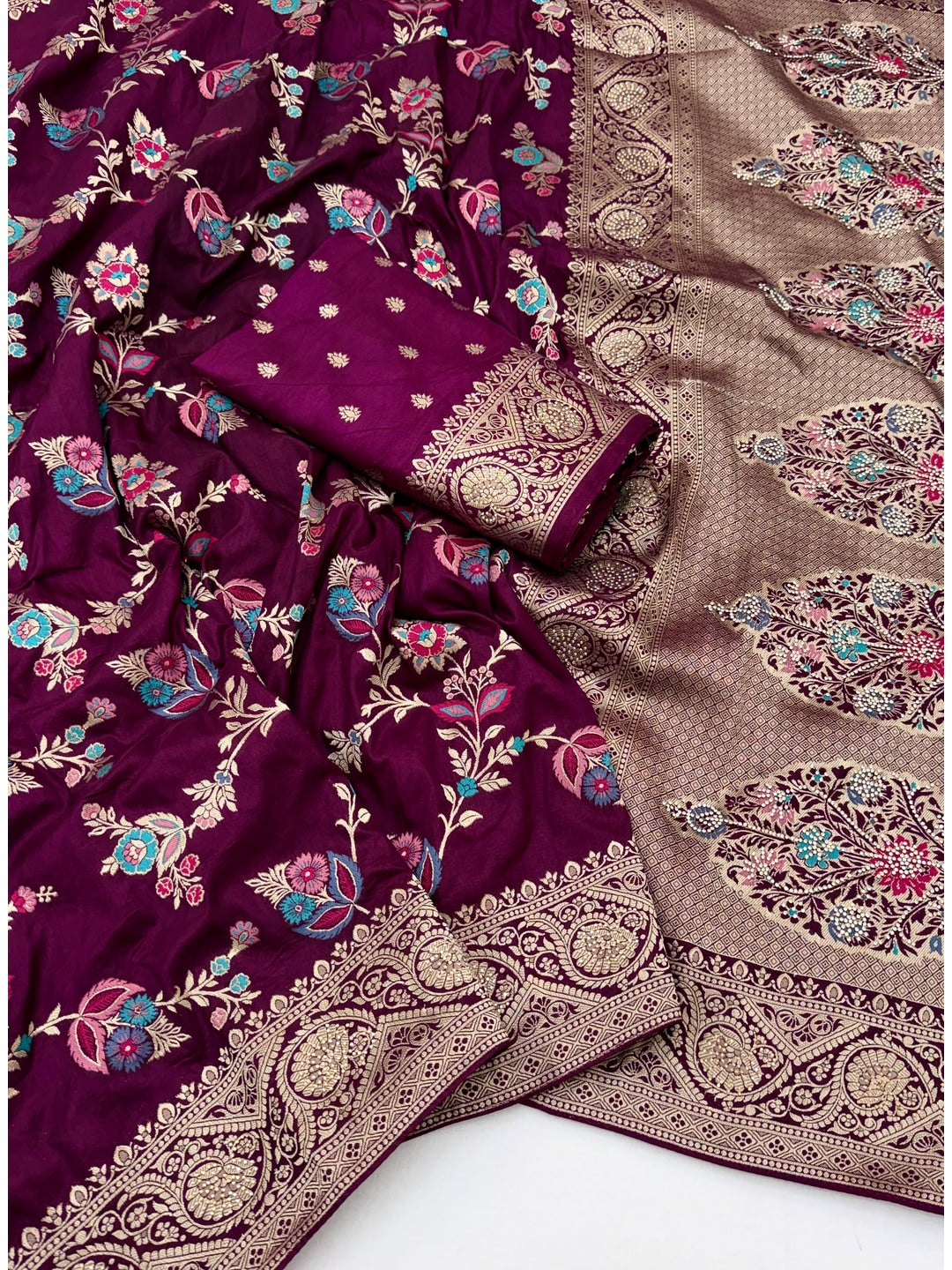 Peachmode Wine Soft Dola Silk Zari Work Saree - Image 2
