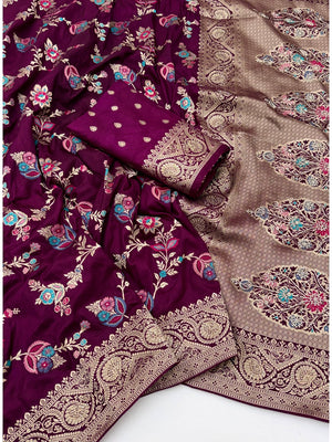 Peachmode Wine Soft Dola Silk Zari Work Saree - Image 2