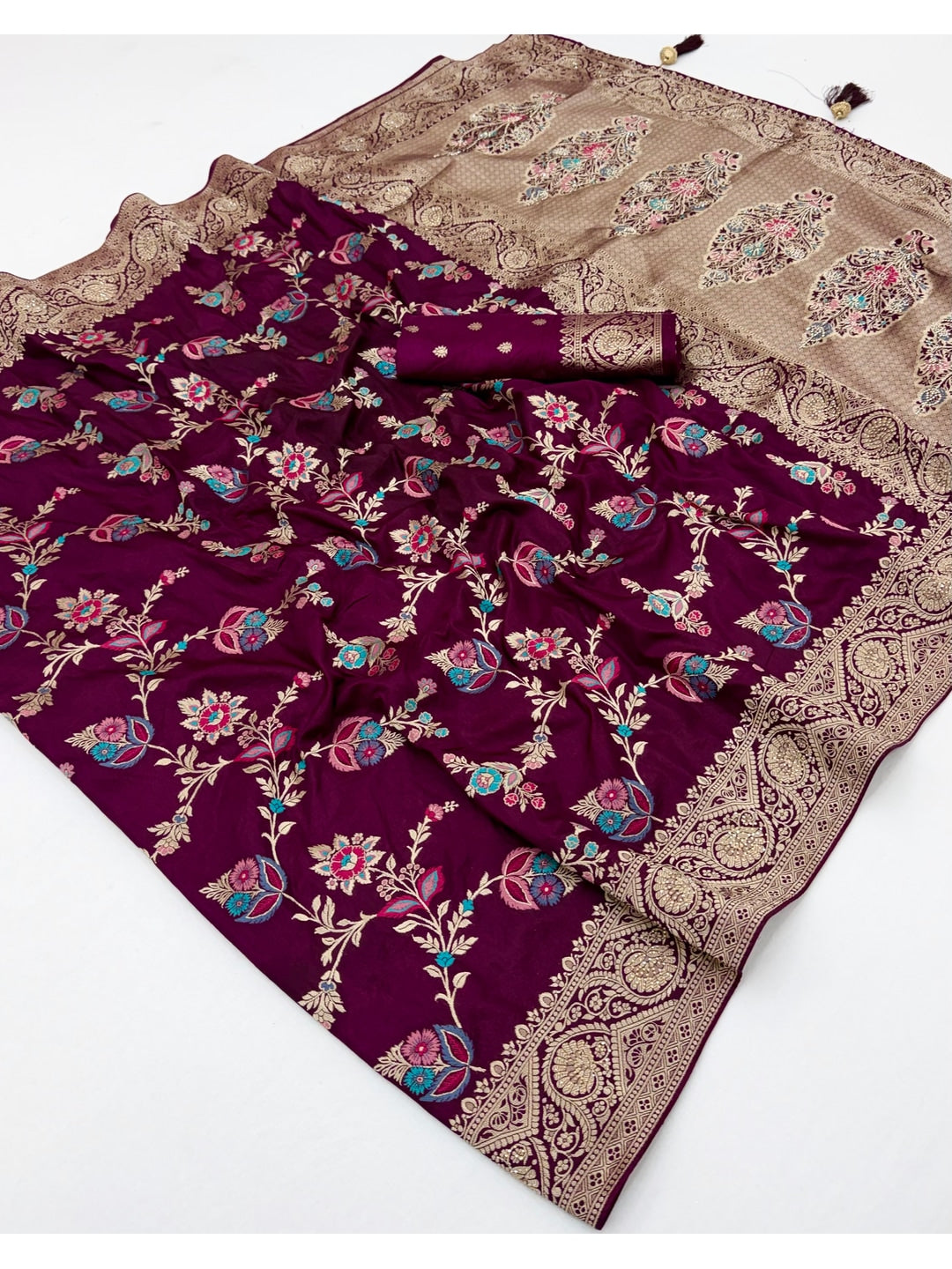 Peachmode Wine Soft Dola Silk Zari Work Saree - Image 3