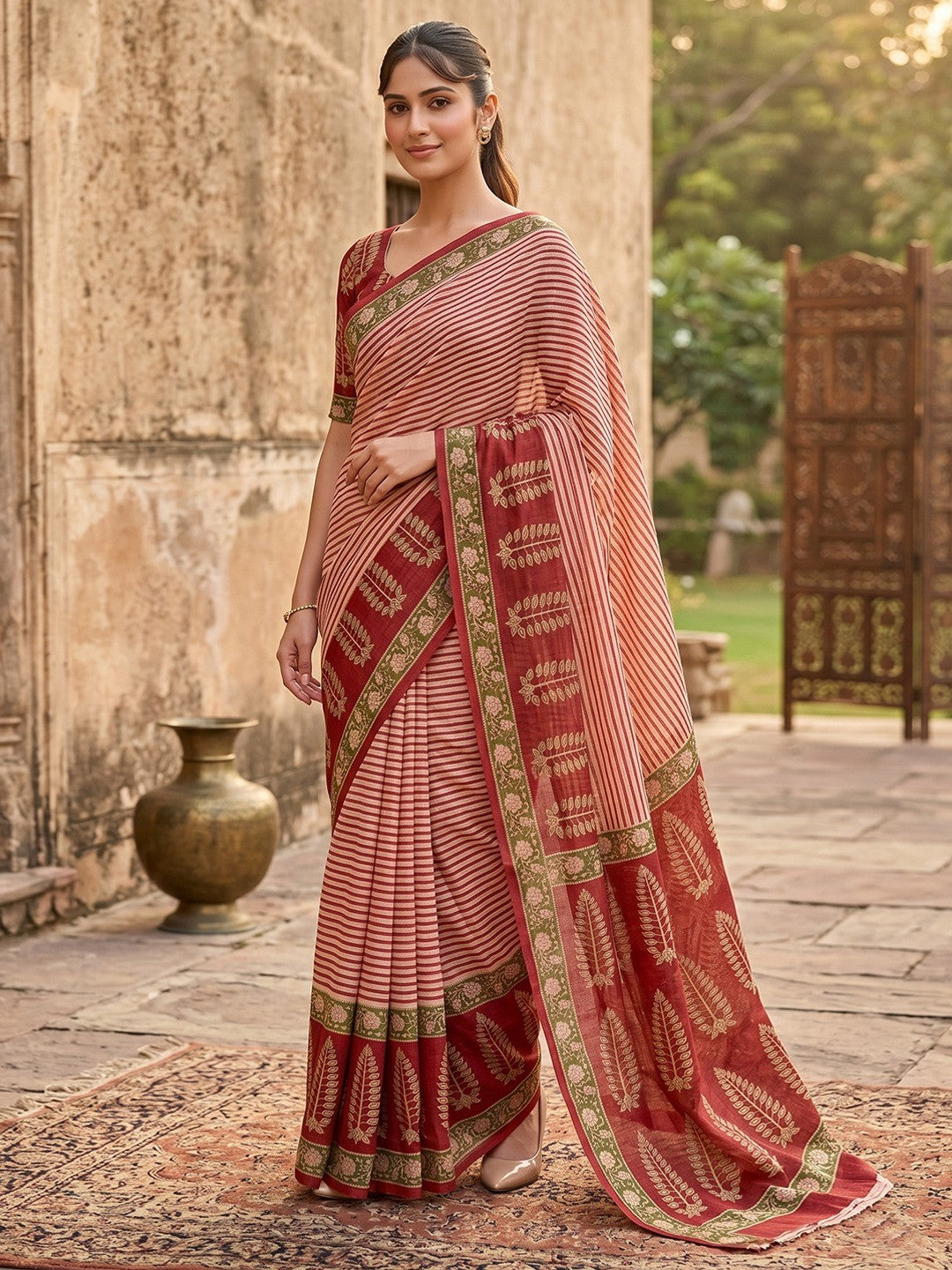 Peachmode Rust Soft Linen Saree - Lisa Linen - Image 1