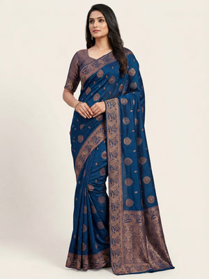 Peachmode Blue Soft Dola Silk Zari Work Saree - Image 1