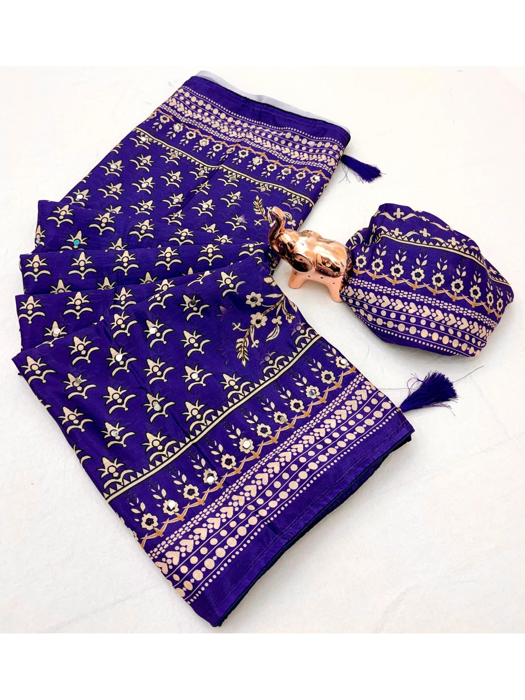 Peachmode Purple Chinnon Silk Saree with Mirror Work - Image 2