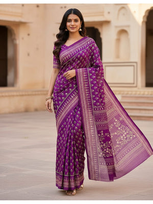 Peachmode Violet Chinon Silk Saree with Mirror Work - Image 1