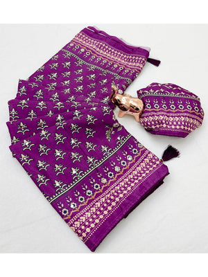 Peachmode Violet Chinon Silk Saree with Mirror Work - Image 2