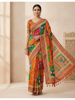 Peachmode Orange Chinnon Silk Saree with Mirror Work - Image 1