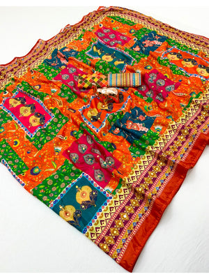 Peachmode Orange Chinnon Silk Saree with Mirror Work - Image 2