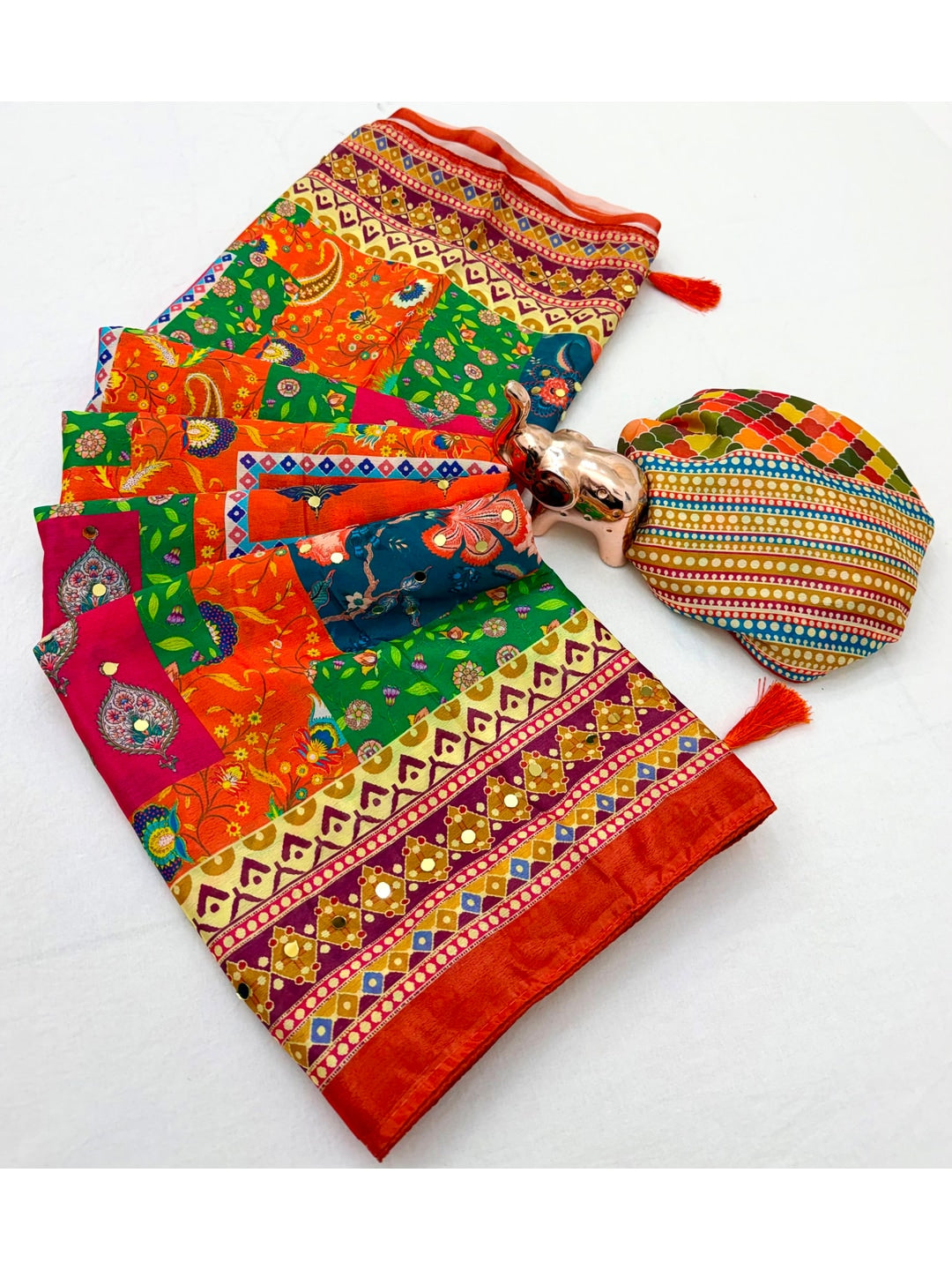 Peachmode Orange Chinnon Silk Saree with Mirror Work - Image 3