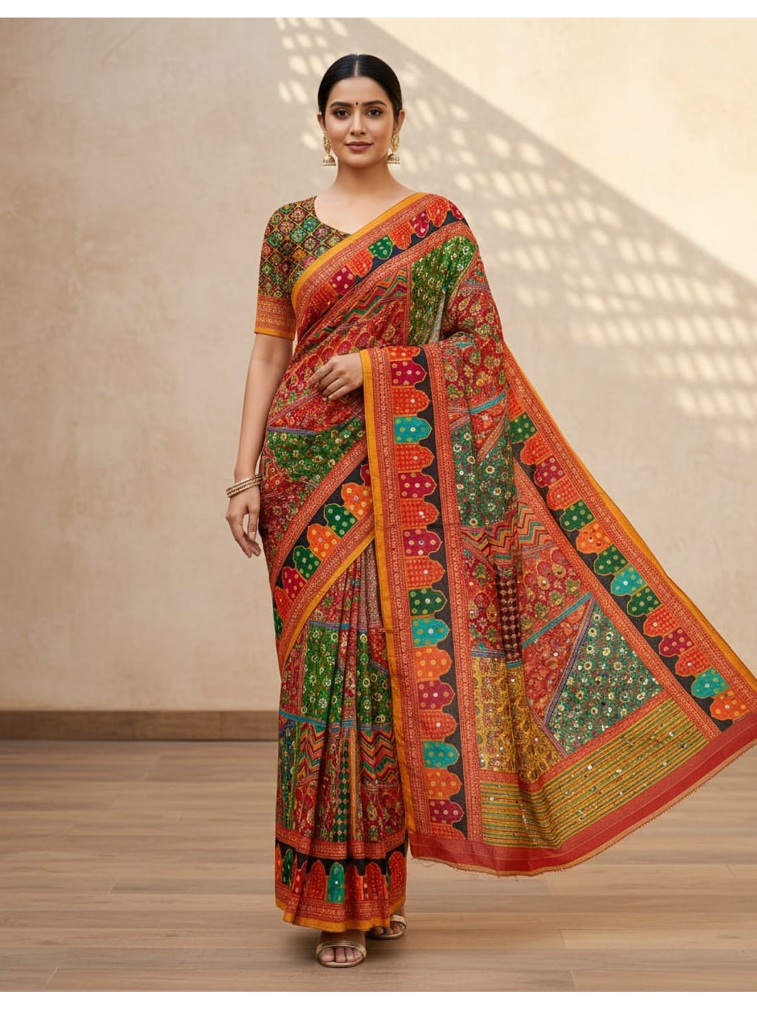 Peachmode Multicolor Chinon Silk Saree with Mirror Work - Image 1