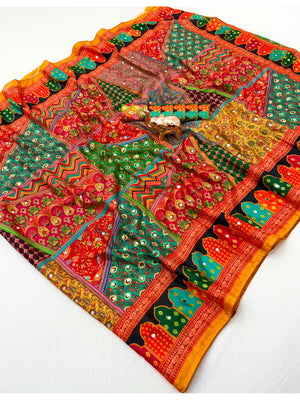 Peachmode Multicolor Chinon Silk Saree with Mirror Work - Image 2