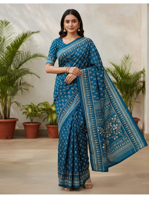 Peachmode Blue Chinnon Silk Saree with Mirror Work - Image 1