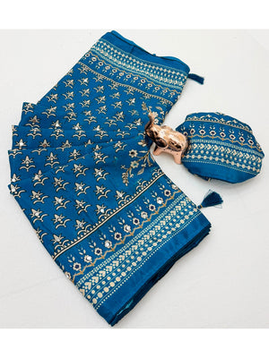 Peachmode Blue Chinnon Silk Saree with Mirror Work - Image 2