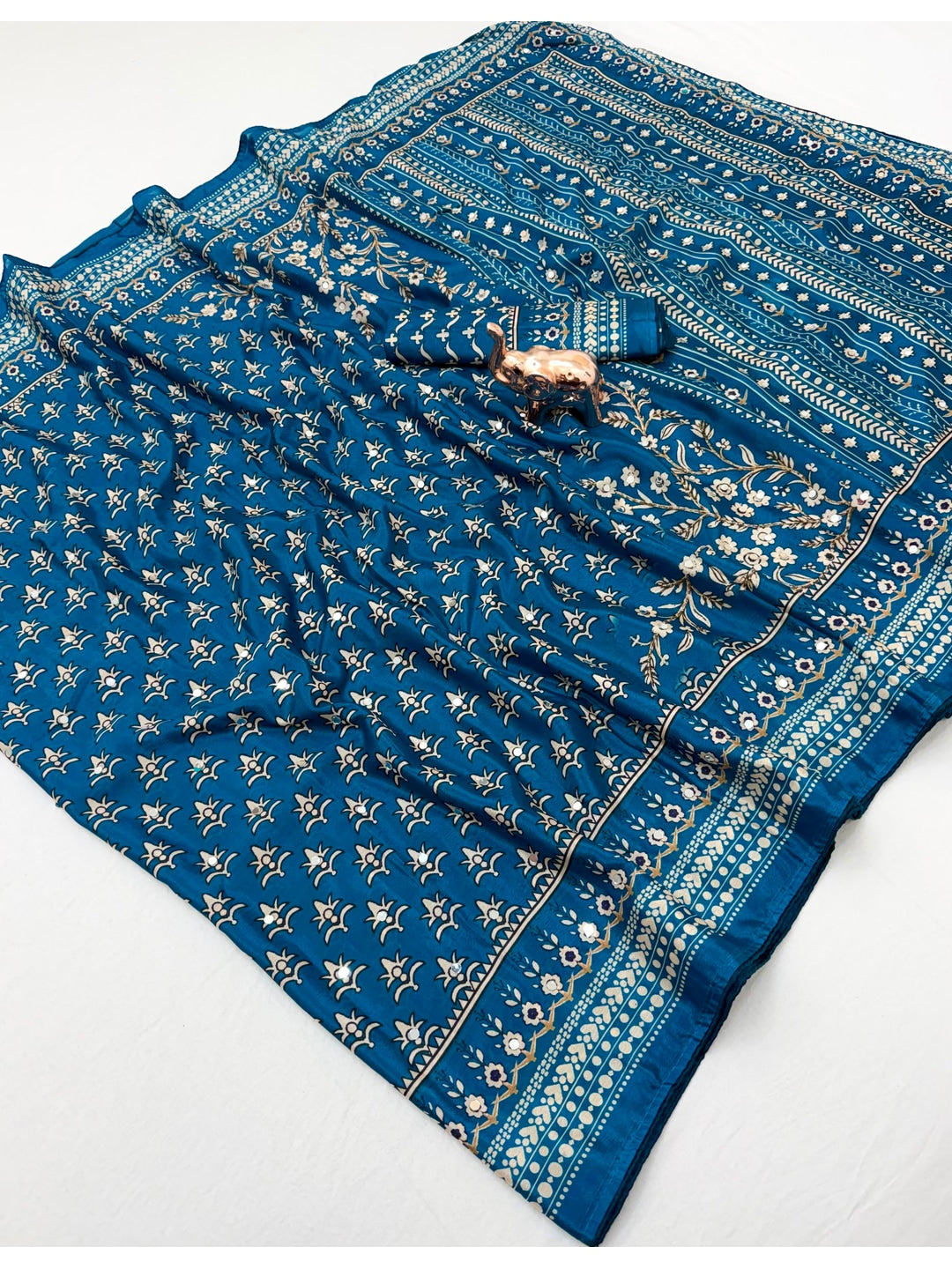 Peachmode Blue Chinnon Silk Saree with Mirror Work - Image 3