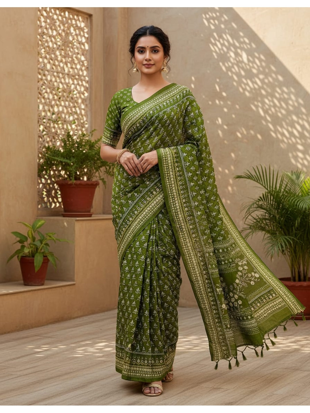 Peachmode Green Chinnon Silk Saree with Mirror Work - Image 1