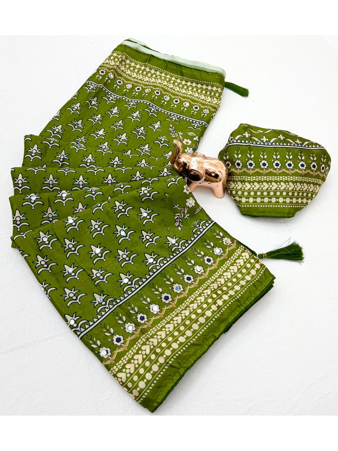 Peachmode Green Chinnon Silk Saree with Mirror Work - Image 2