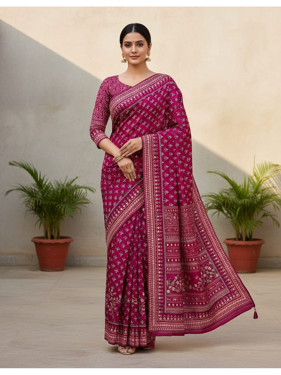 Peachmode Magenta Chinnon Silk Saree with Mirror Work - Image 1