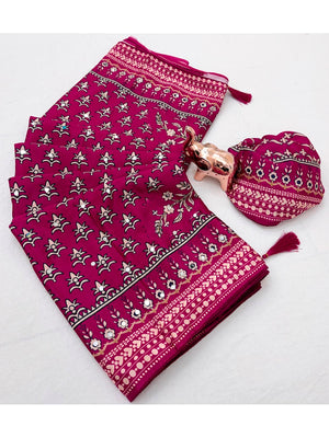 Peachmode Magenta Chinnon Silk Saree with Mirror Work - Image 2