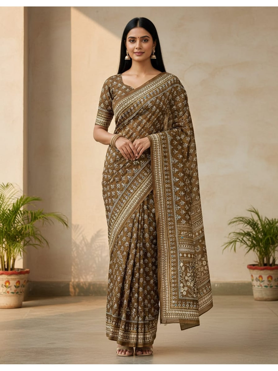Peachmode Brown Chinnon Silk Saree with Mirror Work - Image 1