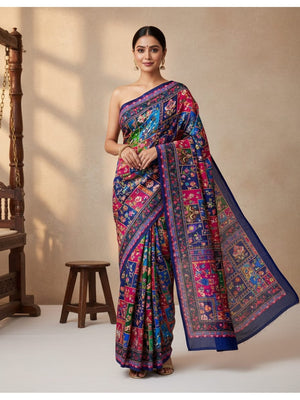 Peachmode Navy Blue Chinnon Silk Saree with Mirror Work - Image 1