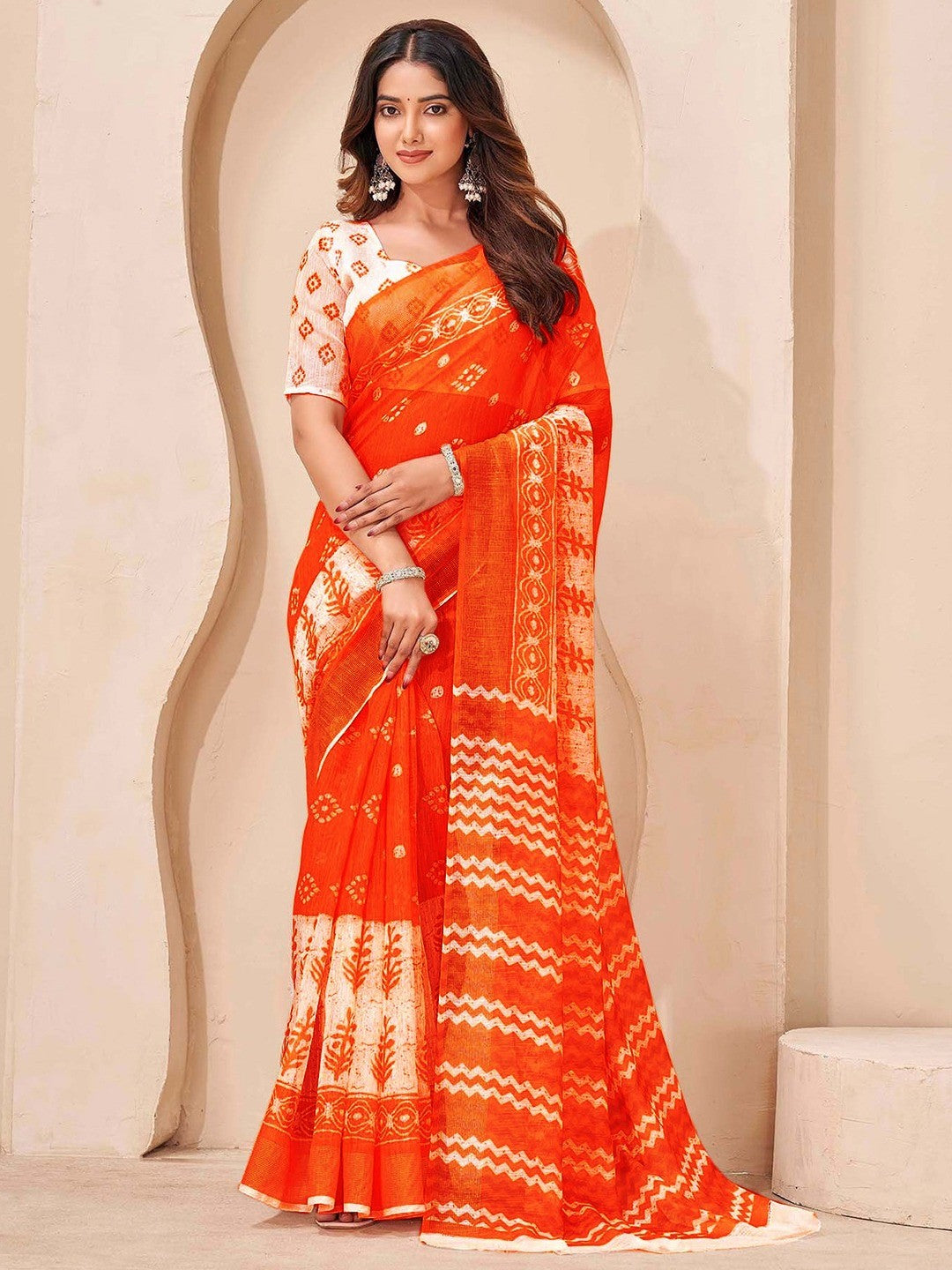 Peachmode Orange Soft Linen Saree - Lisa Linen - Image 1
