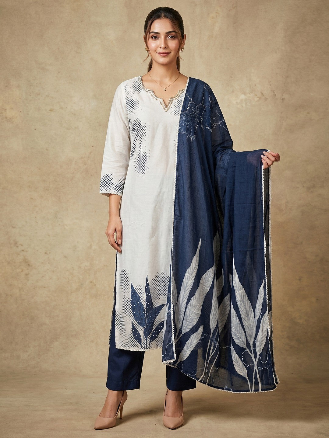 White Cambric Digital Printed Salwar Suit Set - Image 1