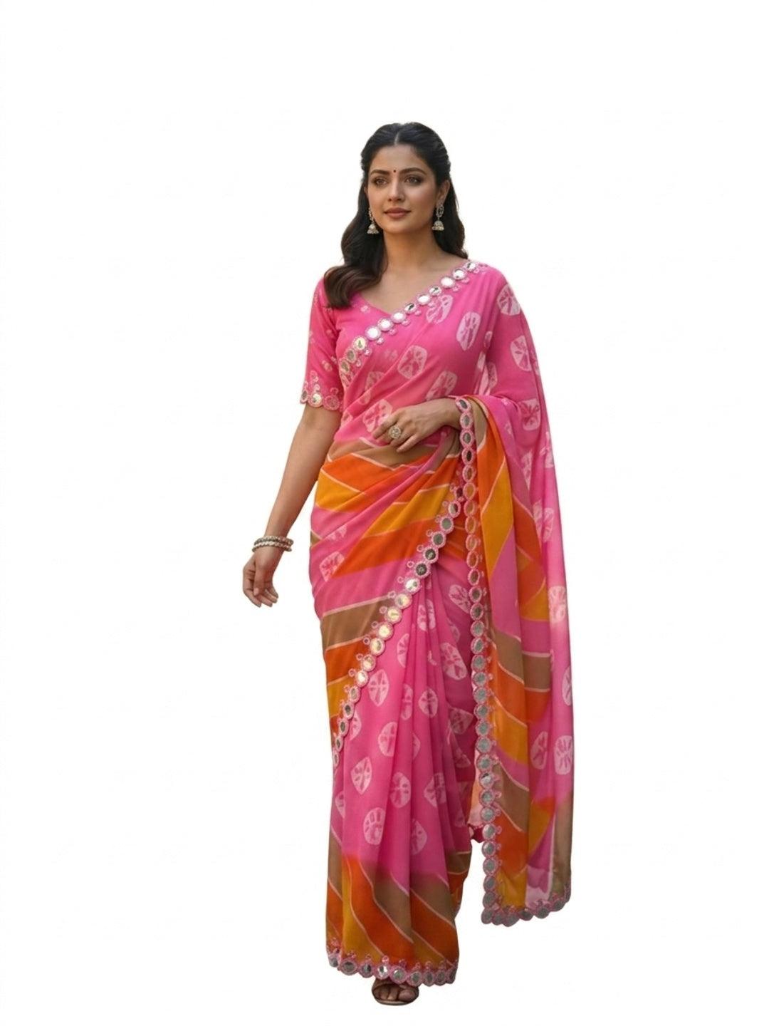 Peachmode Pink Georgette Saree with Mirror Work - Image 5
