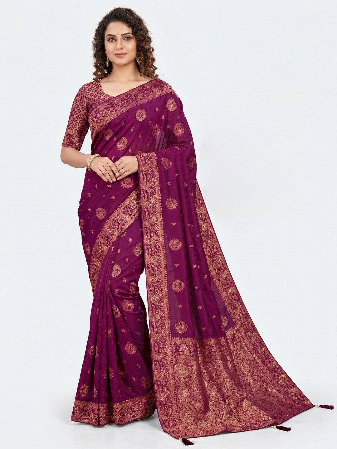 Peachmode Purple Soft Dola Silk Zari Work Saree - Image 1