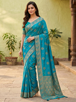 Peachmode Turquoise Soft Dola Silk Zari Work Saree - Image 1