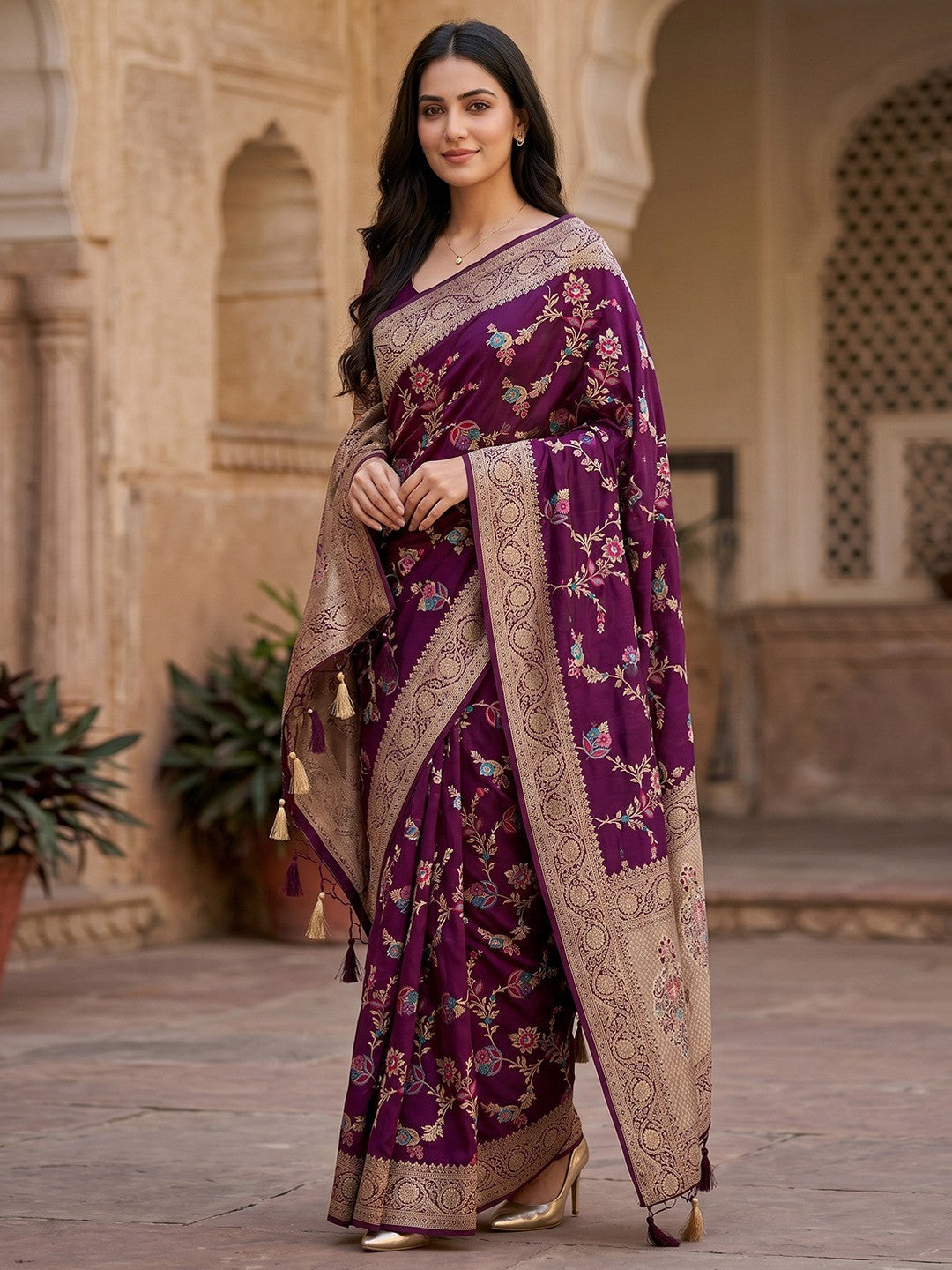 Peachmode Wine Soft Dola Silk Zari Work Saree - Image 1