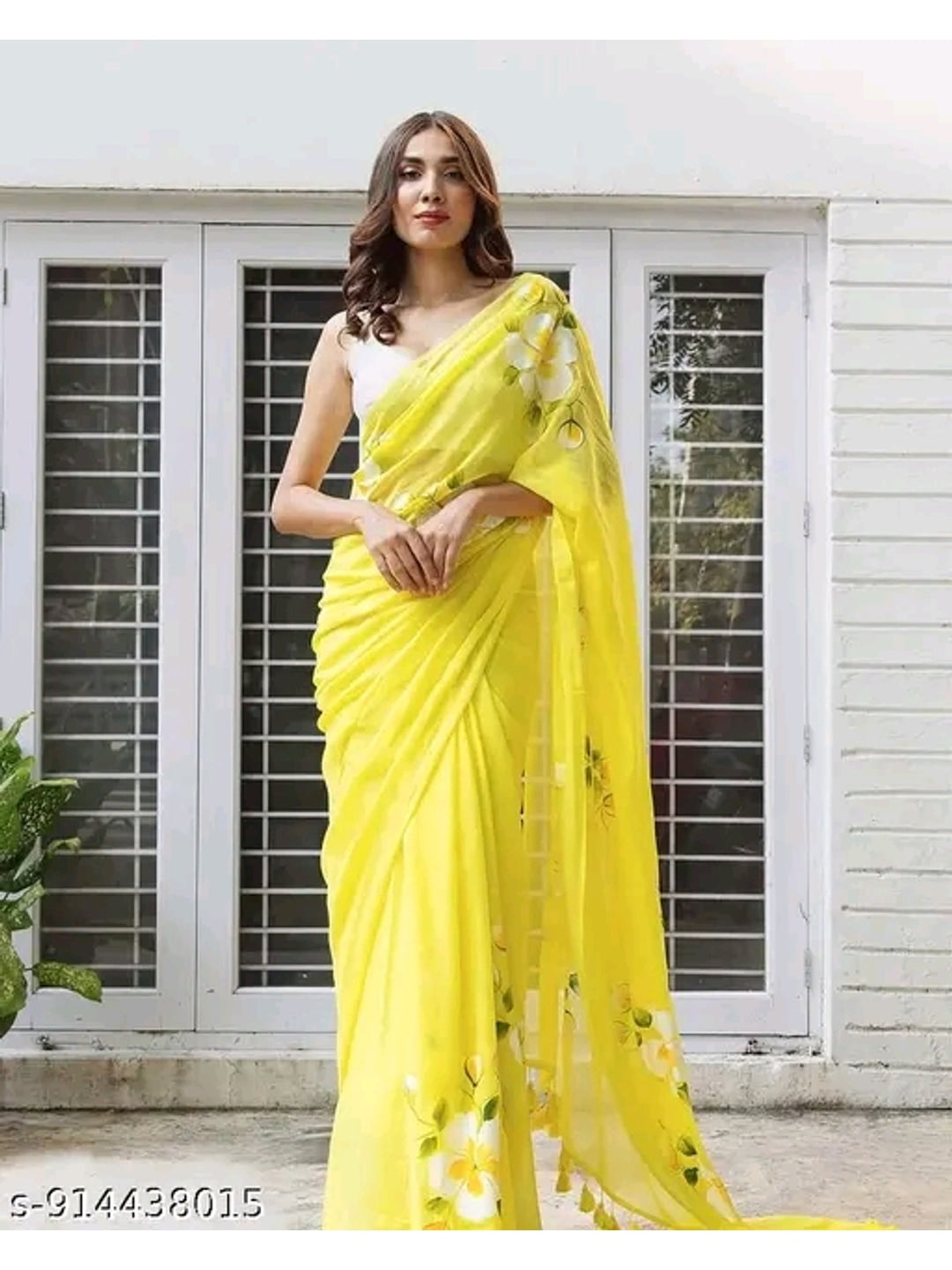 Peachmode Yellow Linen Floral Printed Saree - Image 7