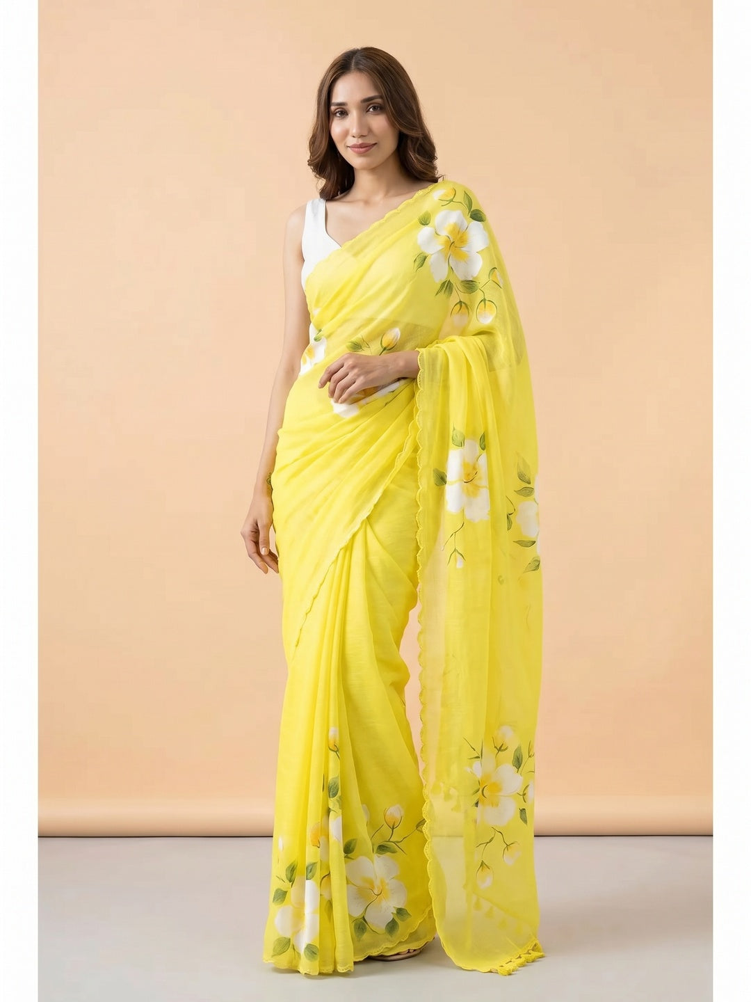Peachmode Yellow Linen Floral Printed Saree - Image 1 — included in Everyday Duo pack of 2