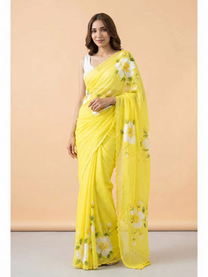 Peachmode Yellow Linen Floral Printed Saree - Image 1