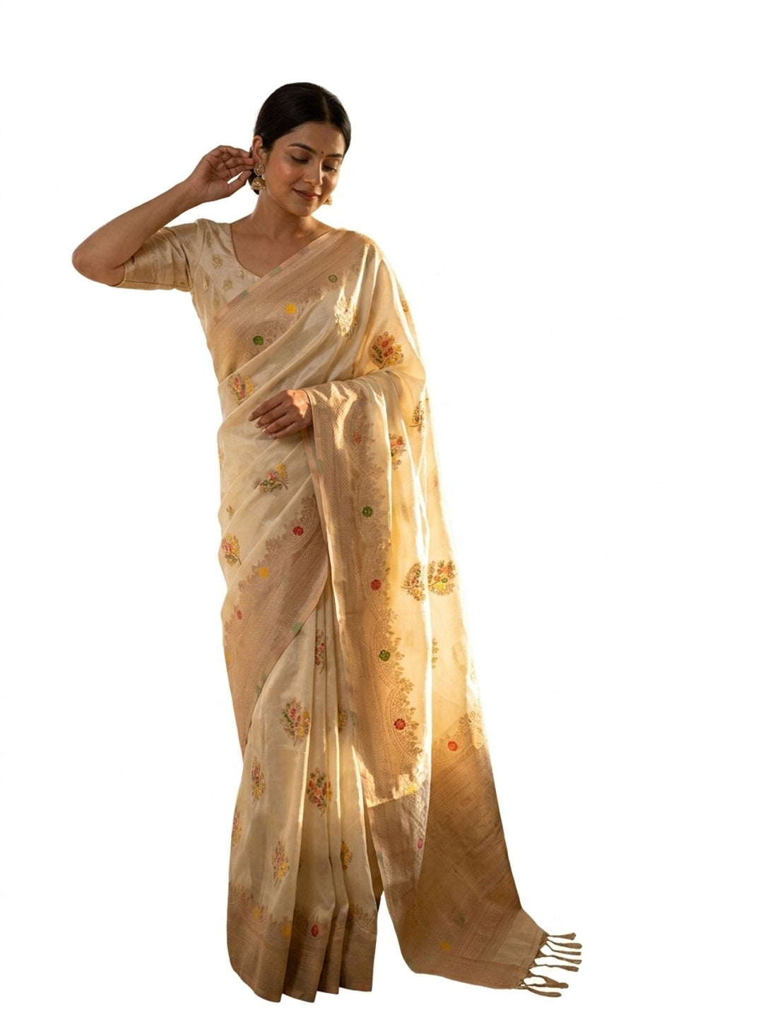 Peachmode Cream Khadi Crepe Georgette Woven Saree - Image 5