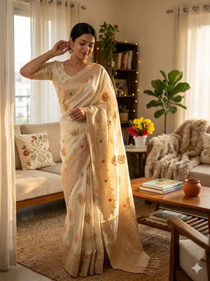 Peachmode Cream Khadi Crepe Georgette Woven Saree - Image 1