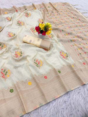 Peachmode Cream Khadi Crepe Georgette Woven Saree - Image 2