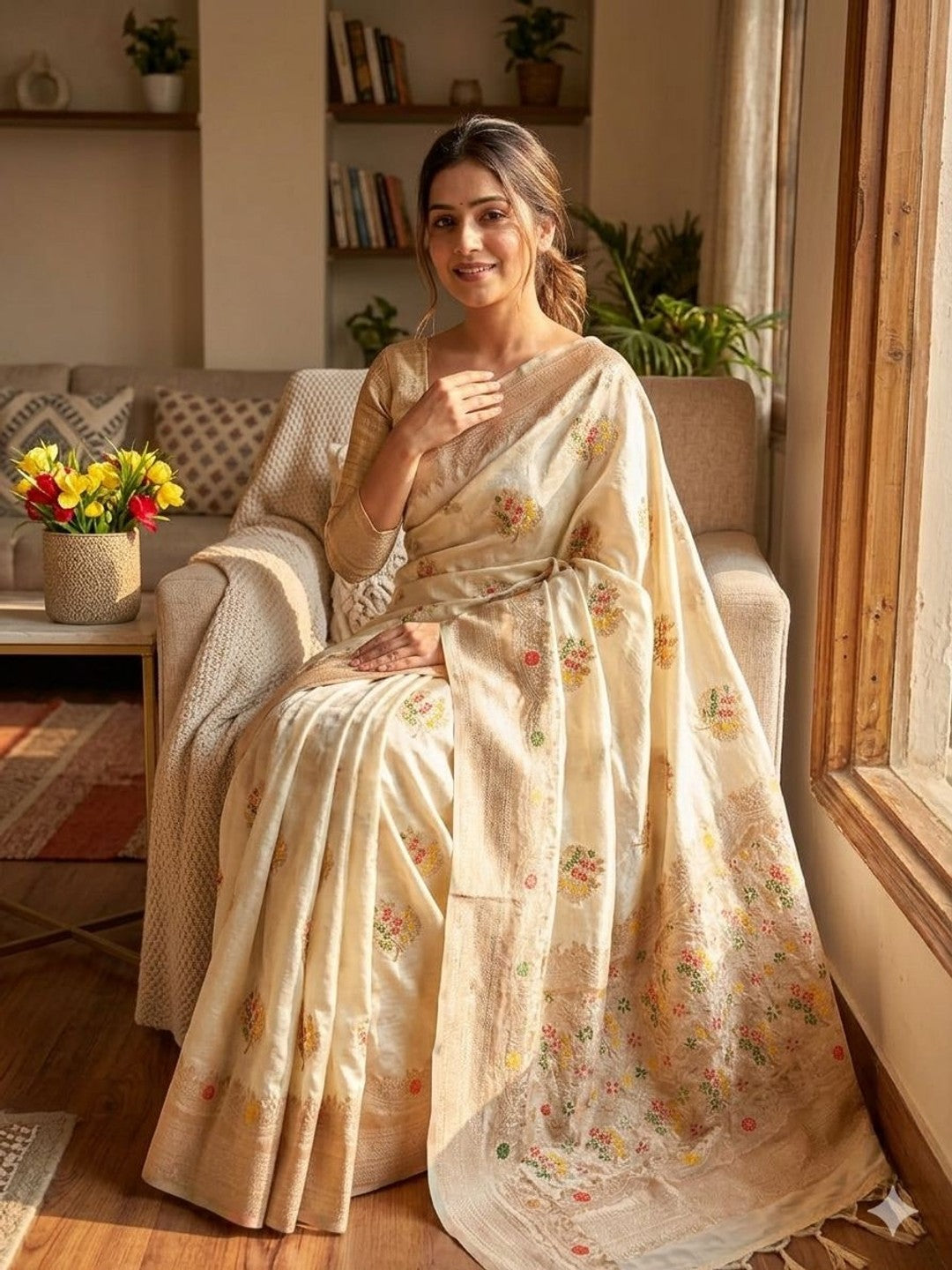 Peachmode Cream Khadi Crepe Georgette Woven Saree - Image 3