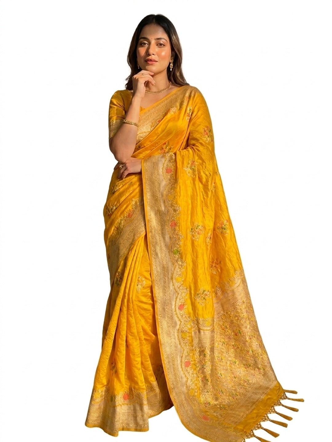Peachmode Yellow Khadi Crepe Georgette Woven Saree - Image 6
