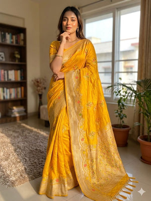 Peachmode Yellow Khadi Crepe Georgette Woven Saree - Image 1