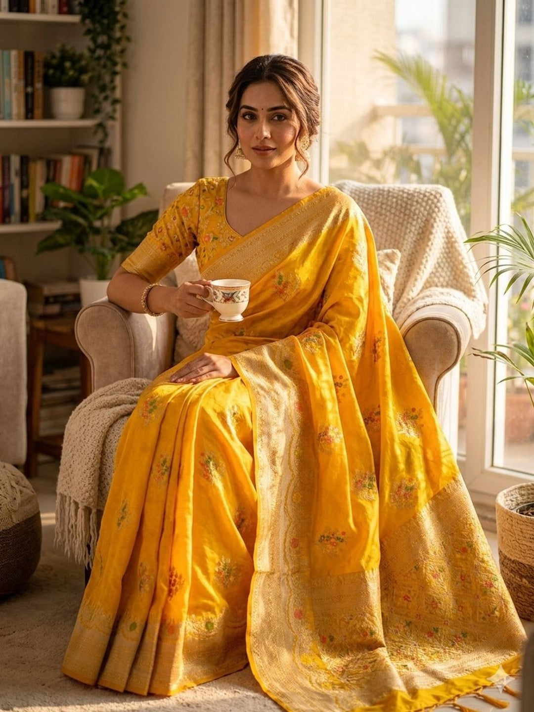 Peachmode Yellow Khadi Crepe Georgette Woven Saree - Image 2