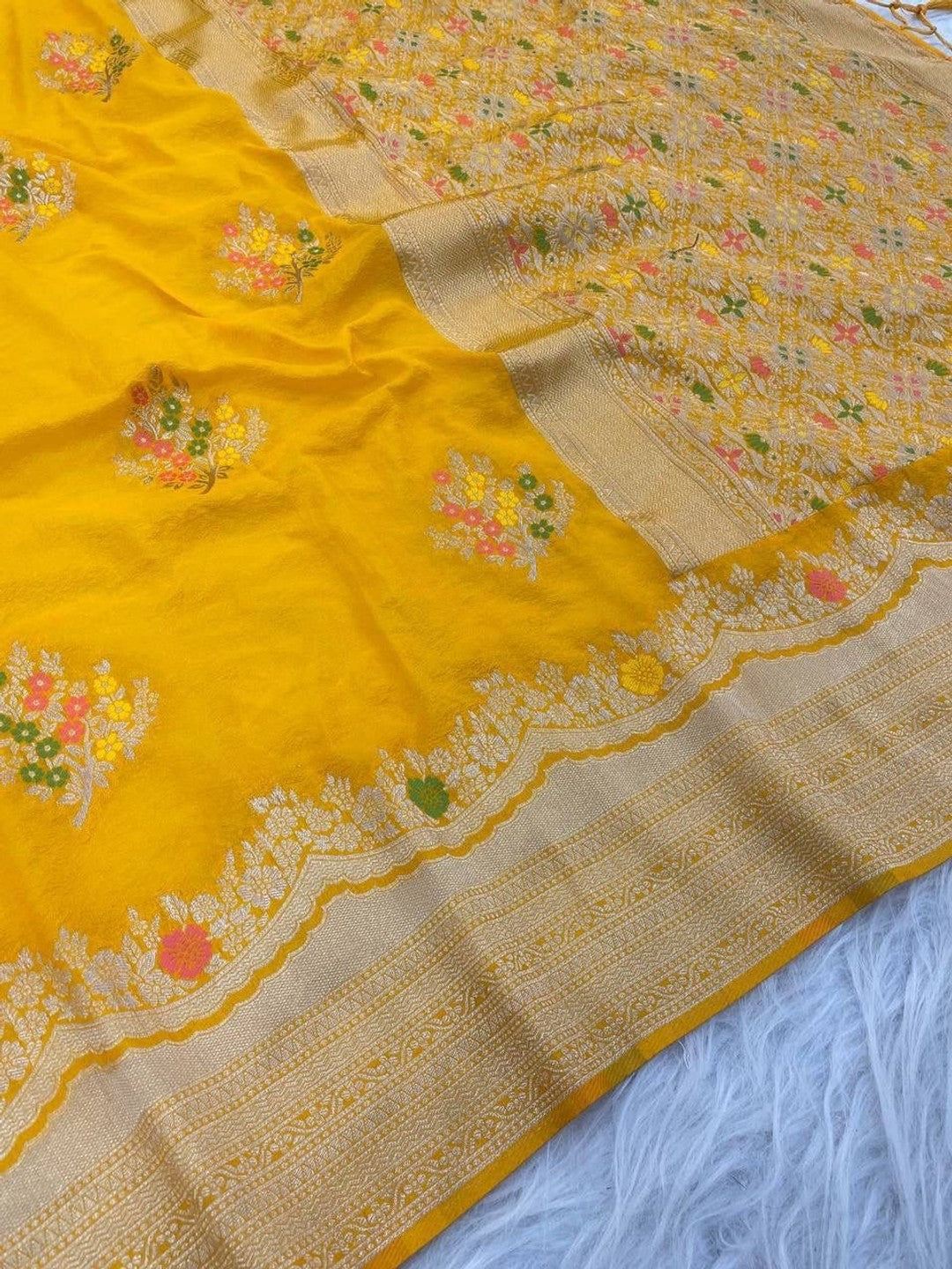 Peachmode Yellow Khadi Crepe Georgette Woven Saree - Image 5