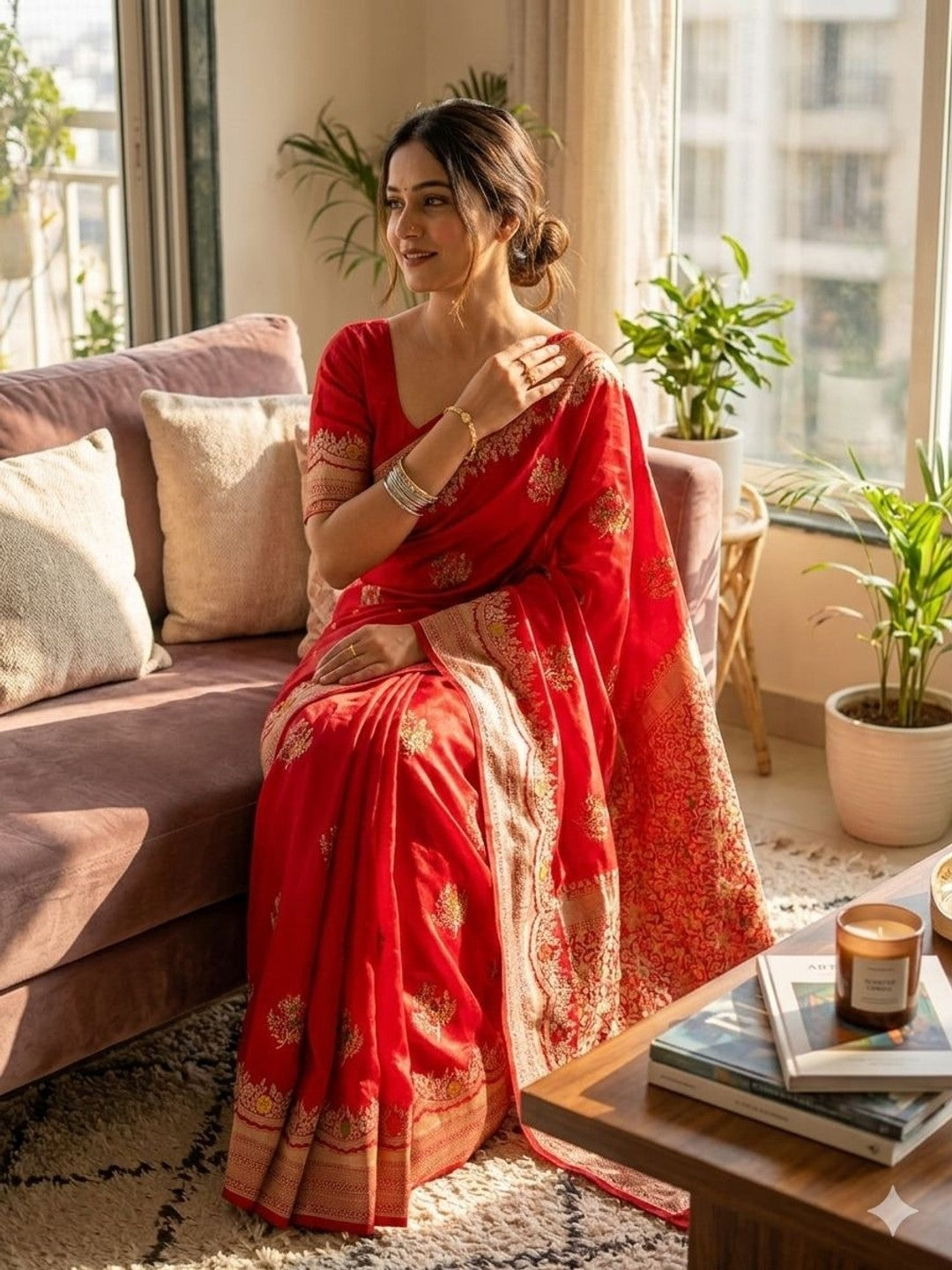 Peachmode Red Khadi Crepe Georgette Woven Saree - Image 3