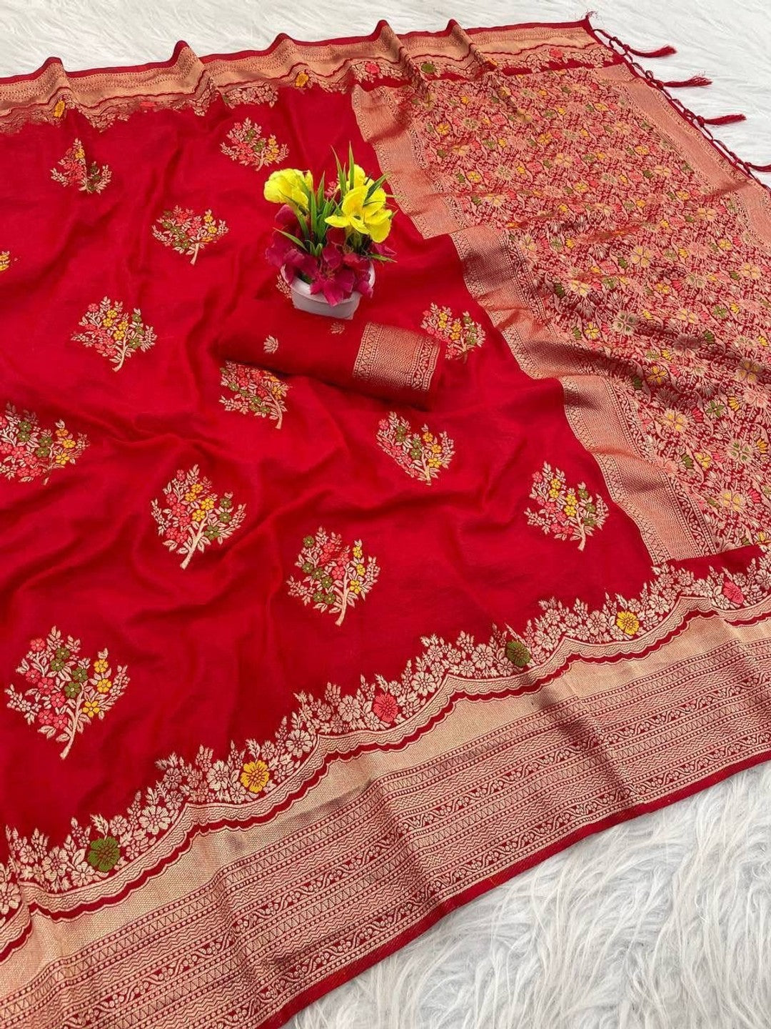 Peachmode Red Khadi Crepe Georgette Woven Saree - Image 6