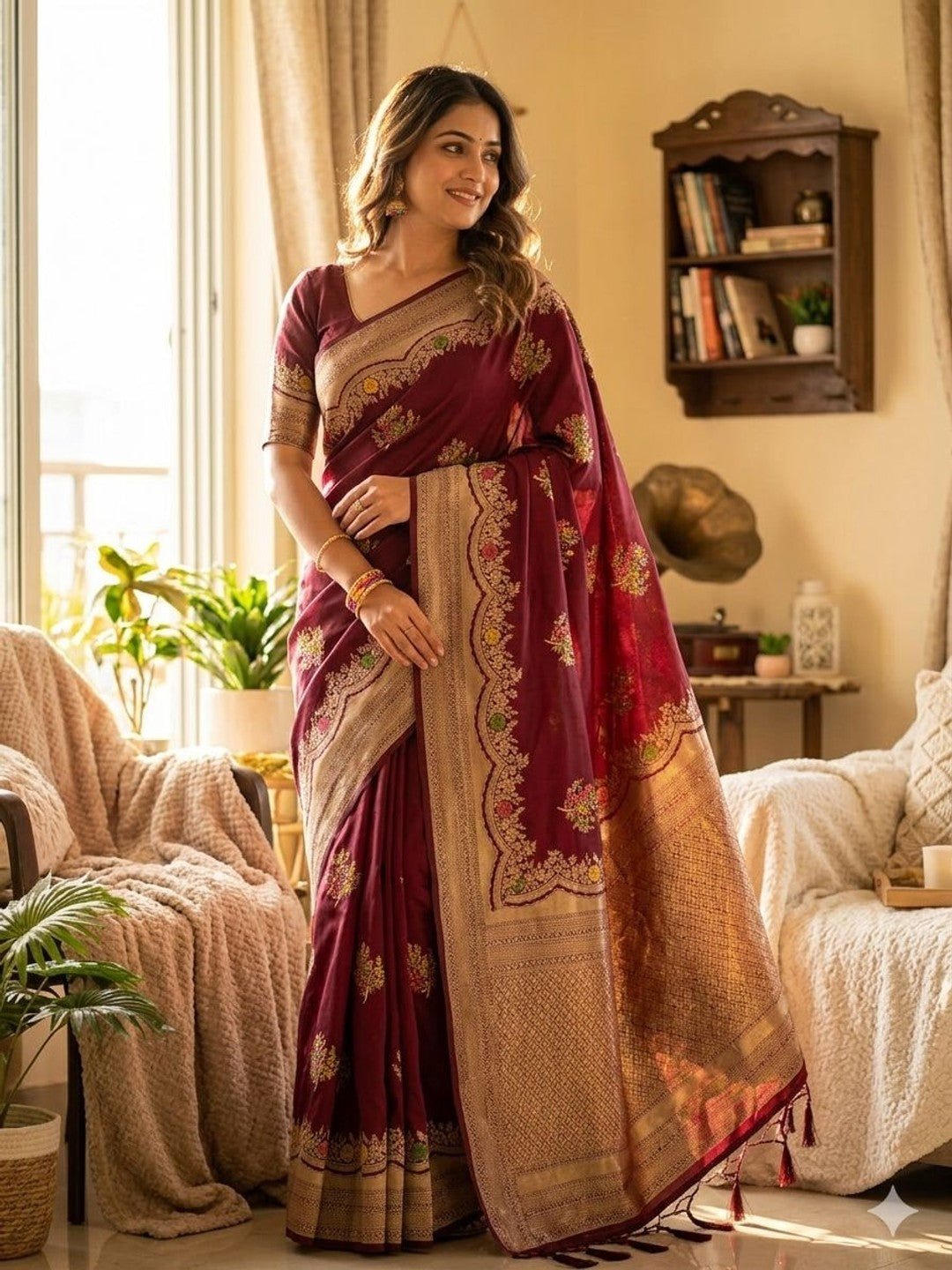 Peachmode Wine Khadi Crepe Georgette Woven Saree - Image 1