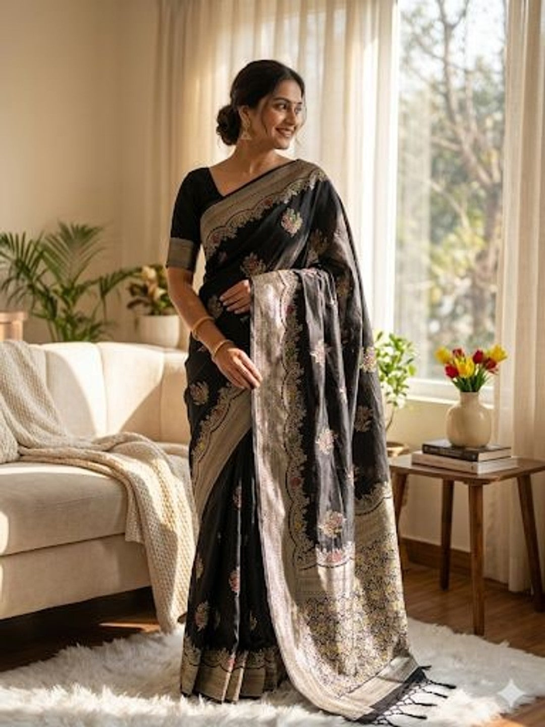 Peachmode Black Khadi Crepe Georgette Woven Saree - Image 1