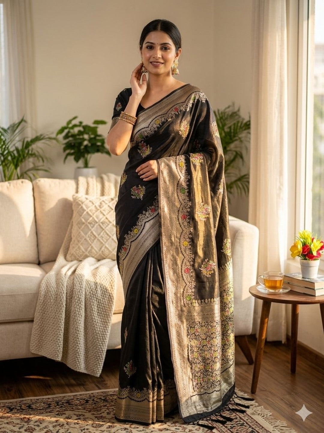 Peachmode Black Khadi Crepe Georgette Woven Saree - Image 3