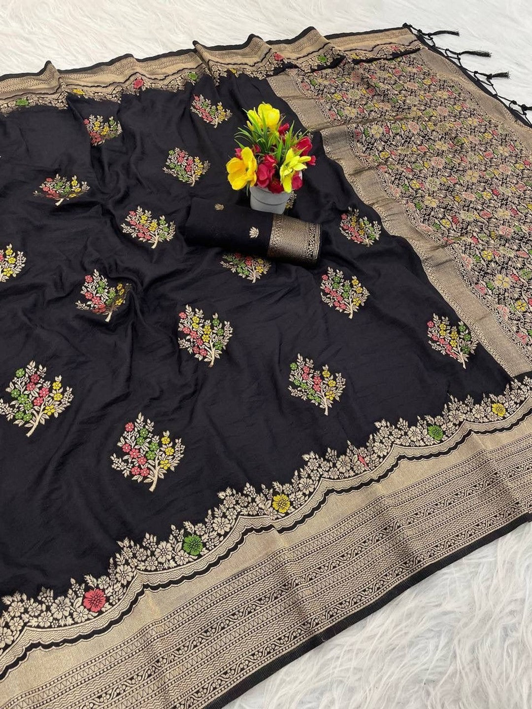 Peachmode Black Khadi Crepe Georgette Woven Saree - Image 4