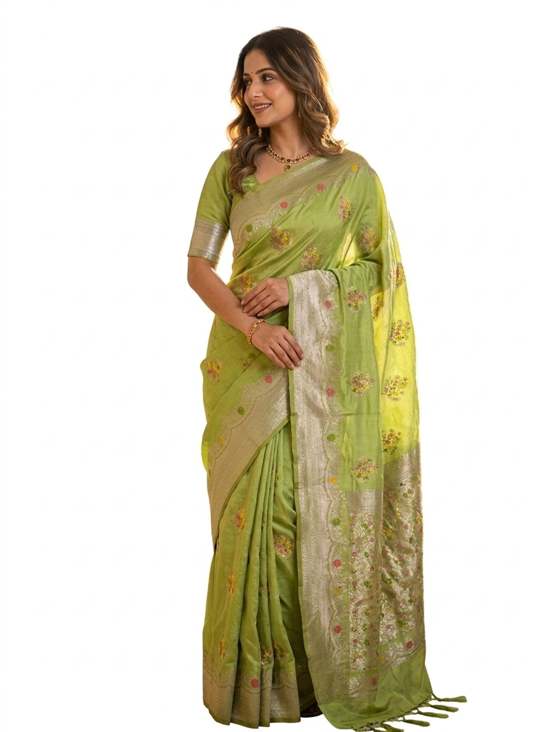 Peachmode Green Khadi Crepe Georgette Woven Saree - Image 7