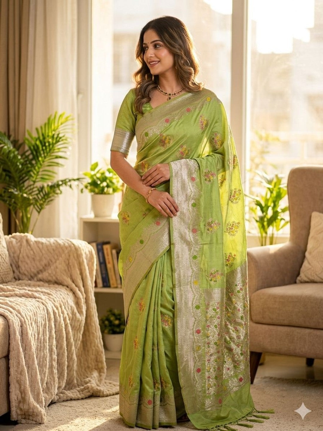 Peachmode Green Khadi Crepe Georgette Woven Saree - Image 1