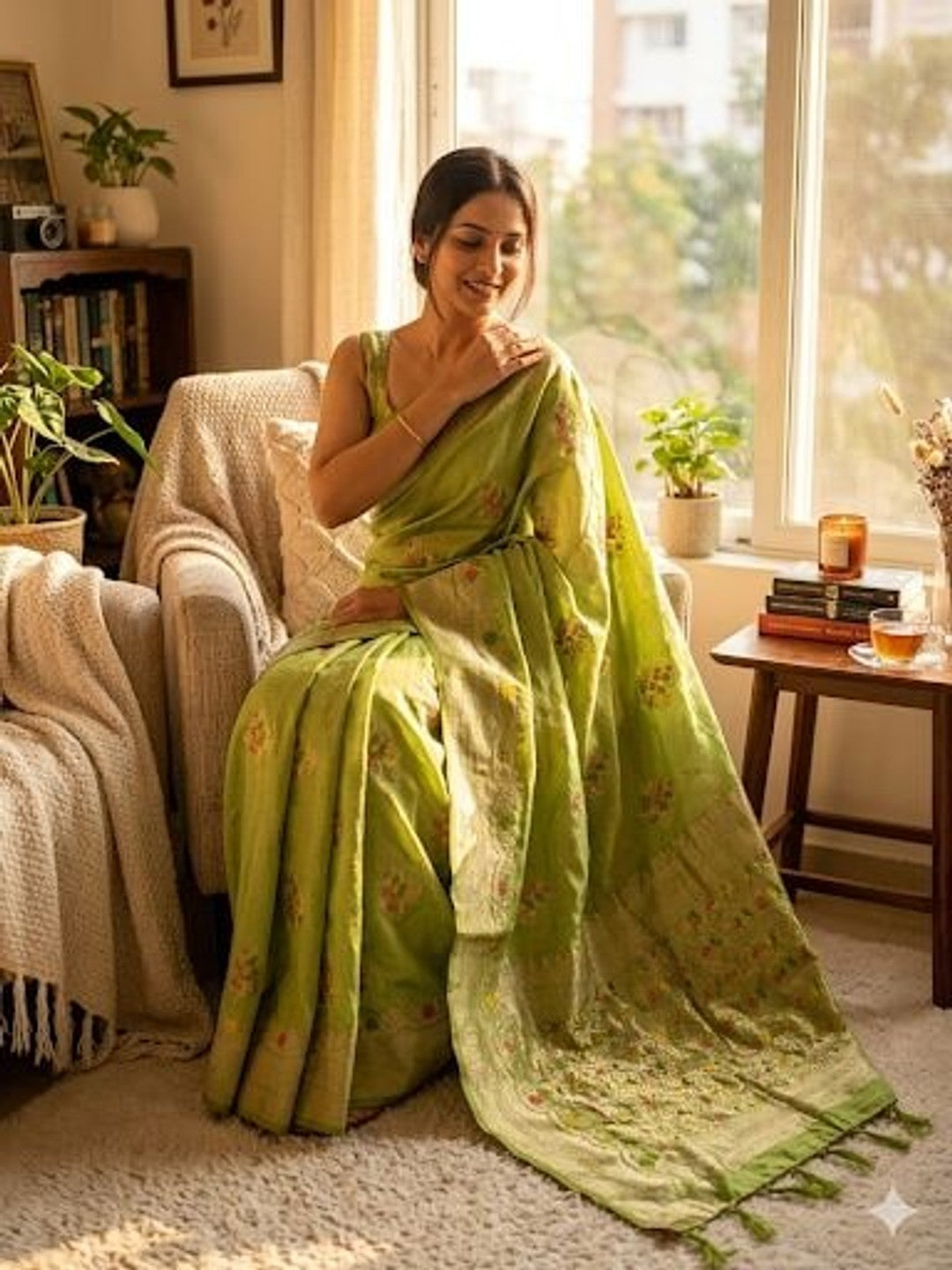 Peachmode Green Khadi Crepe Georgette Woven Saree - Image 3