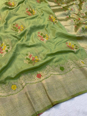 Peachmode Green Khadi Crepe Georgette Woven Saree - Image 2
